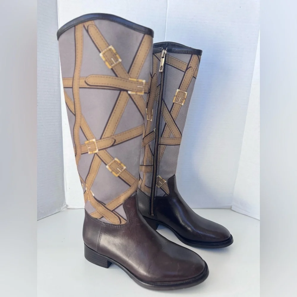 Tory Burch Felix Leather Canvas Tall Zip Equestrian Riding Boot Women’s Size 5